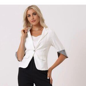 Allegra K Women's Suit Jacket Notched Lapel Collar 3/4 Sleeve Button Front